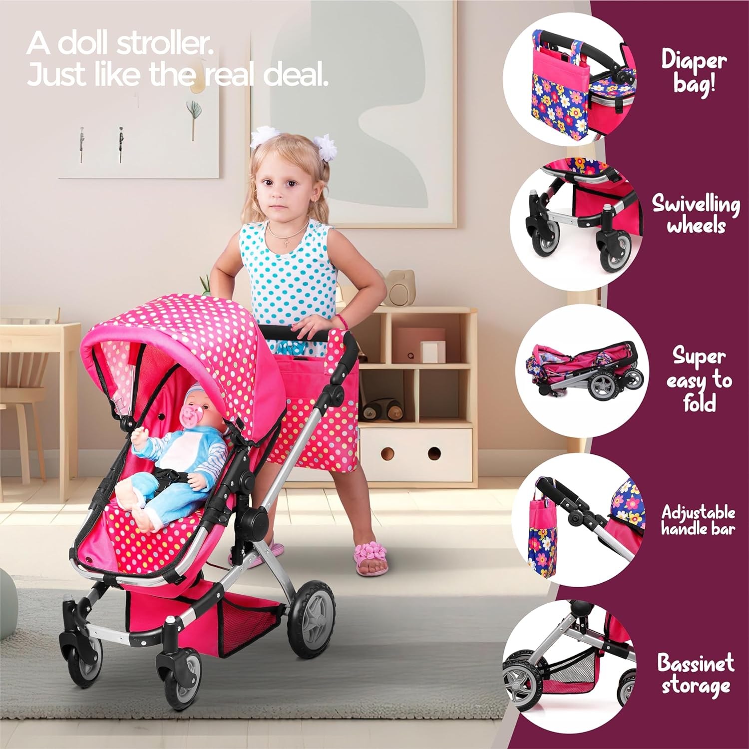 Doll stroller with clearance swivel wheels