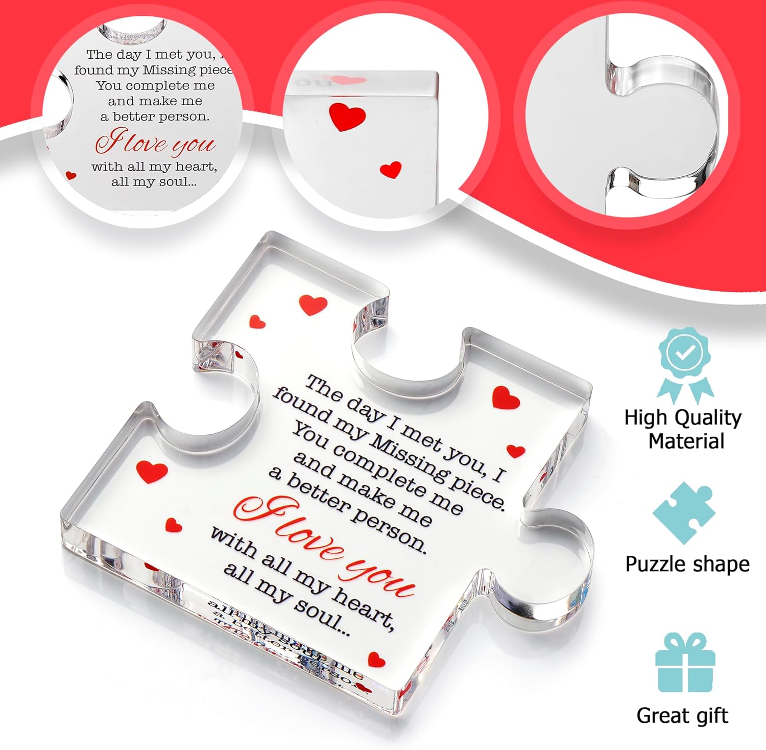 Valentines Gifts for Him, Her - 3.35"x 2.76" Acrylic Puzzle Stand with Printed Message - Birthday, Wedding for Boyfriend, Girlfriend - I Love You Presents for Husband, Wife