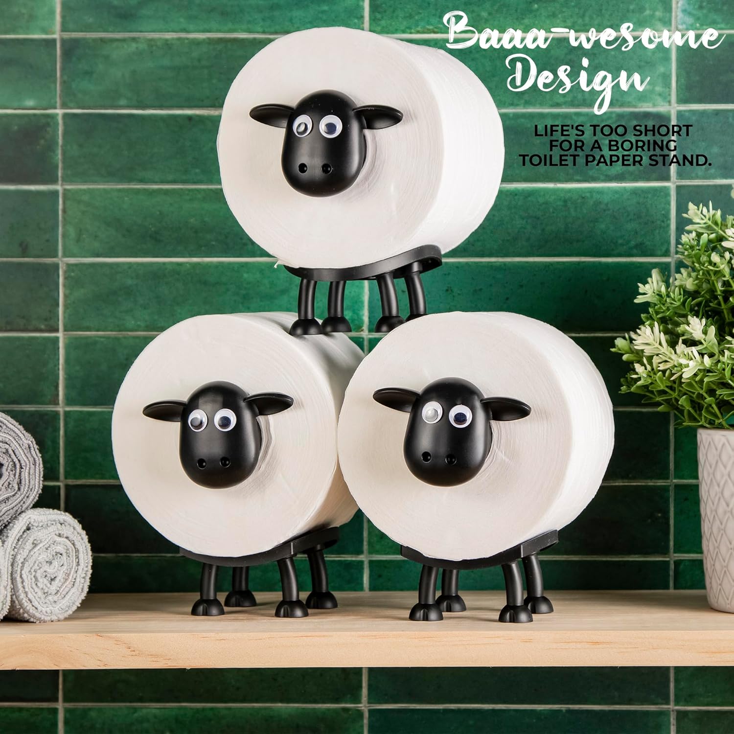 VELENTI Sheep Toilet Roll Holder - Funny Toilet Paper Holder Free Standing Bathroom Set - 3D Printed Black Sheep Loo Roll Holder - Hilarious Tissue Paper Roll Storage - Cute Bathroom Decor - Set Of 3