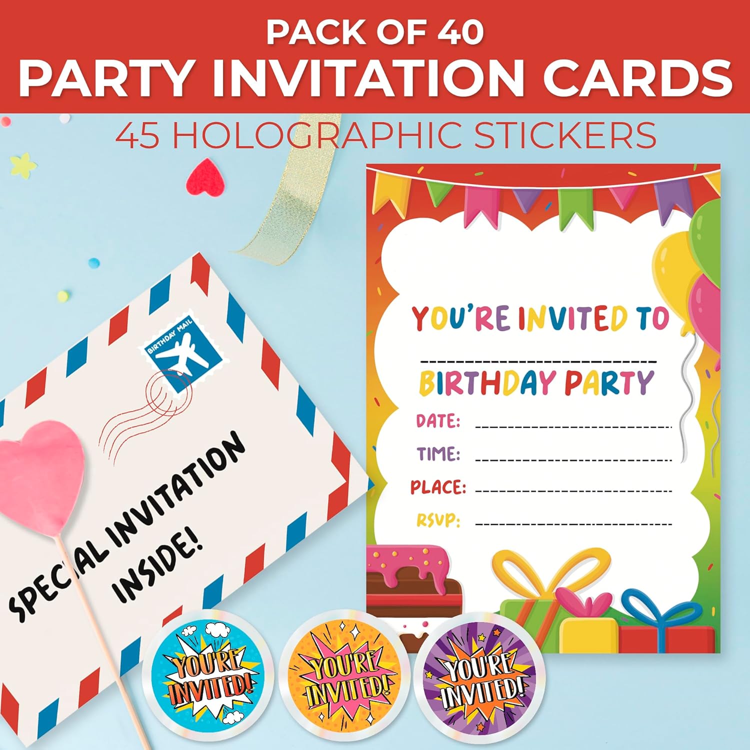 VELENTI 40 Kids Children's Birthday Party Invitations with Folding Envelope Design and Holographic Stickers"