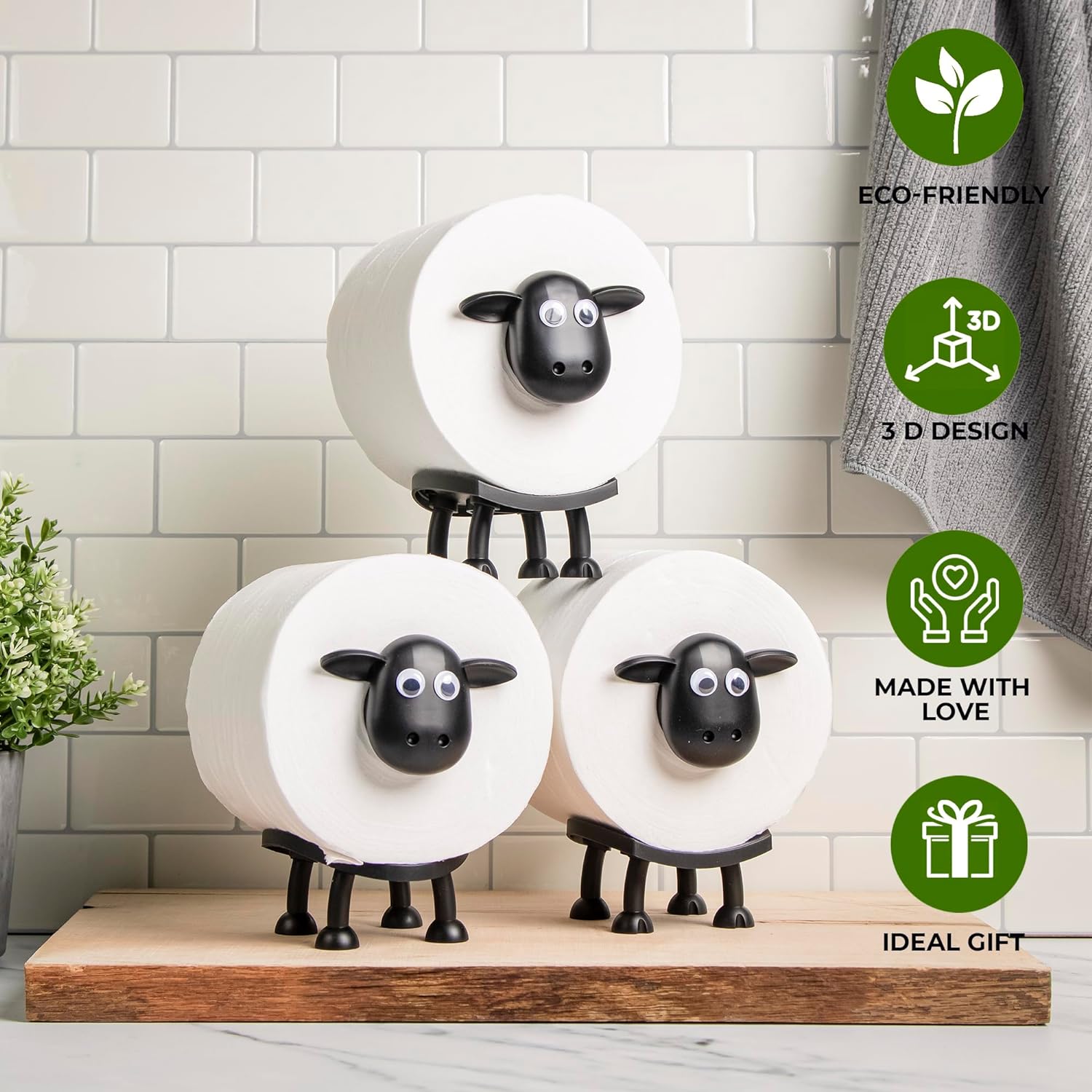 VELENTI Sheep Toilet Roll Holder - Funny Toilet Paper Holder Free Standing Bathroom Set - 3D Printed Black Sheep Loo Roll Holder - Hilarious Tissue Paper Roll Storage - Cute Bathroom Decor - Set Of 3