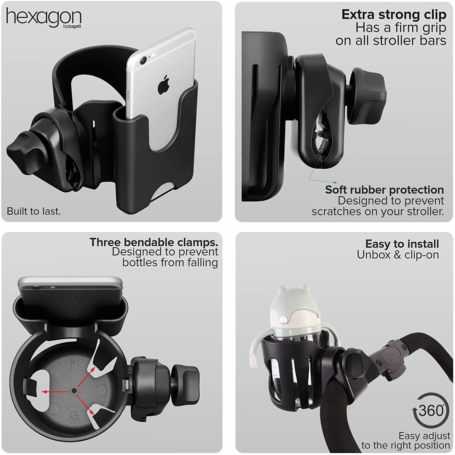 Pram Phone Holder ZUGATI Universal Phone can Cup holder Black